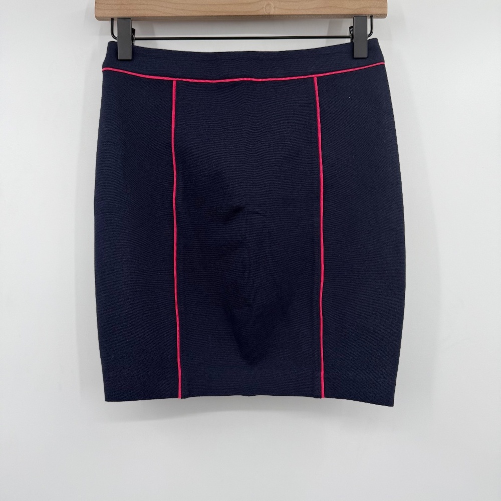 Club Monaco Skirt Women 00 NEW Blue Pencil Mini Pink Trim Stretch Office Sporty